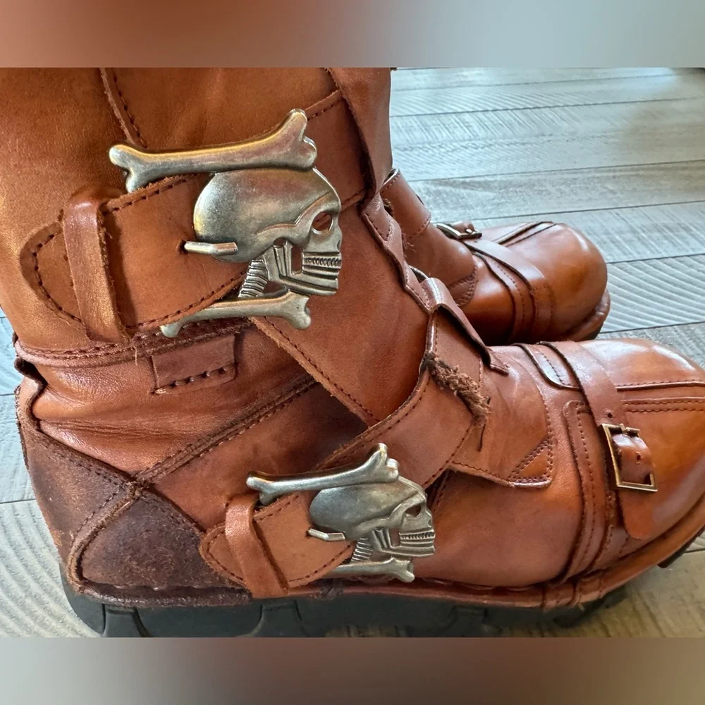 BOSETON Leather Skull & Bones Motorcycle Streampunk Boots Men’s Size 11.5